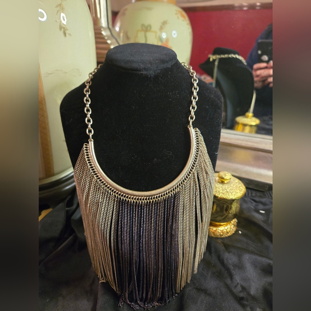 Chico’s Long Chain Fringe Statement Necklace – Gold Tone Bib Collar
